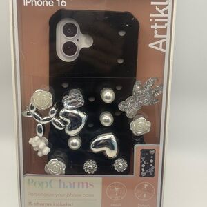 Black iPhone 16 Case with Silver & White Decorative Charms